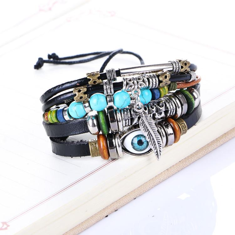 Adjustable Multi-layer Ethnic Evil Eye Leather Charm Bracelet