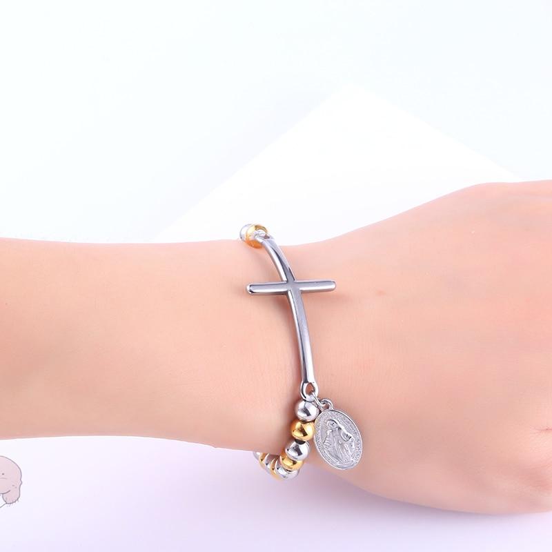 Stainless Steel Beaded Cross Bracelet with a Virgin Mary Tag