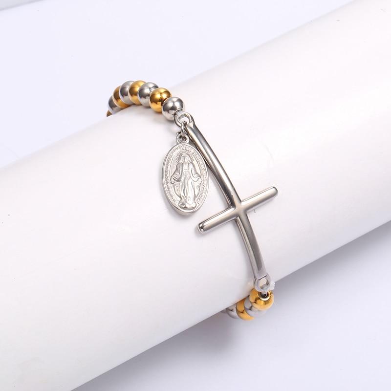 Stainless Steel Beaded Cross Bracelet with a Virgin Mary Tag