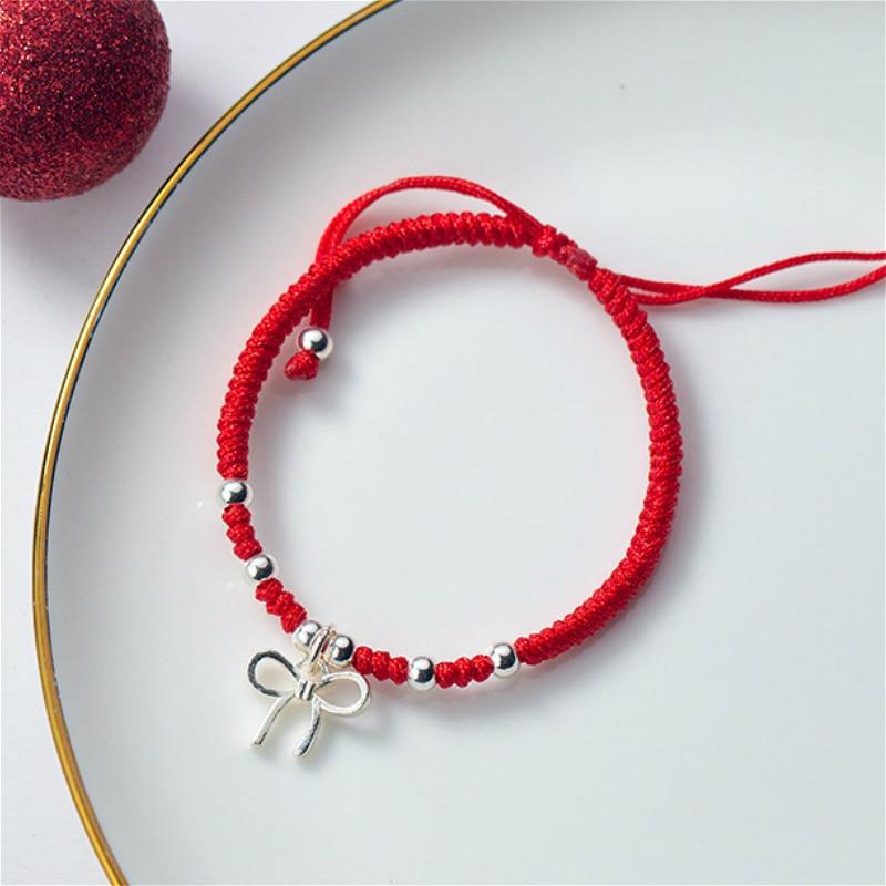 925 Sterling Silver CUTE  BOW  knot  Lucky Red Bracelet