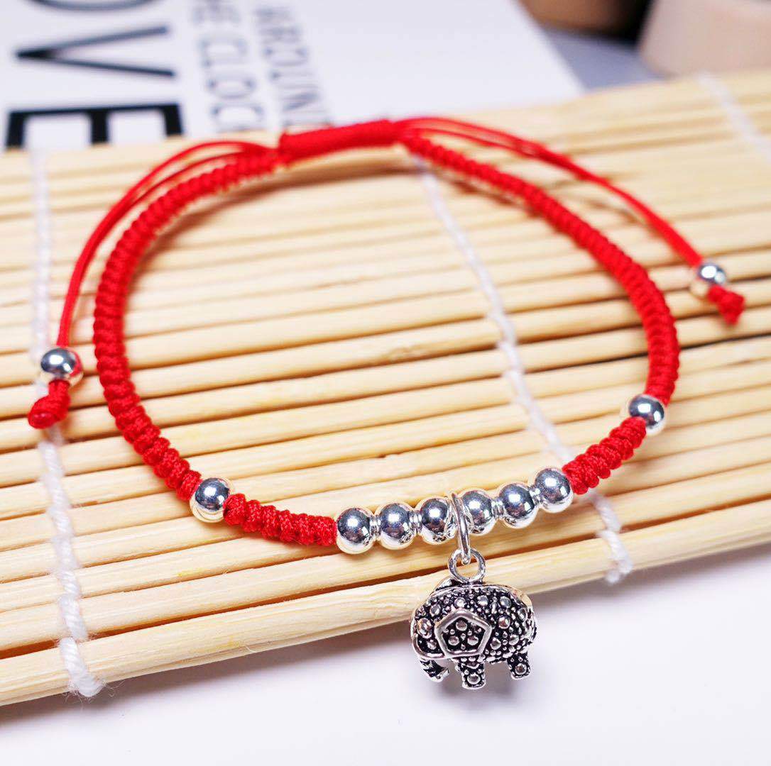 Sterling Silver  JOYFUL & LOYAL  ELEPHANT &  Red Rope  Bracelet