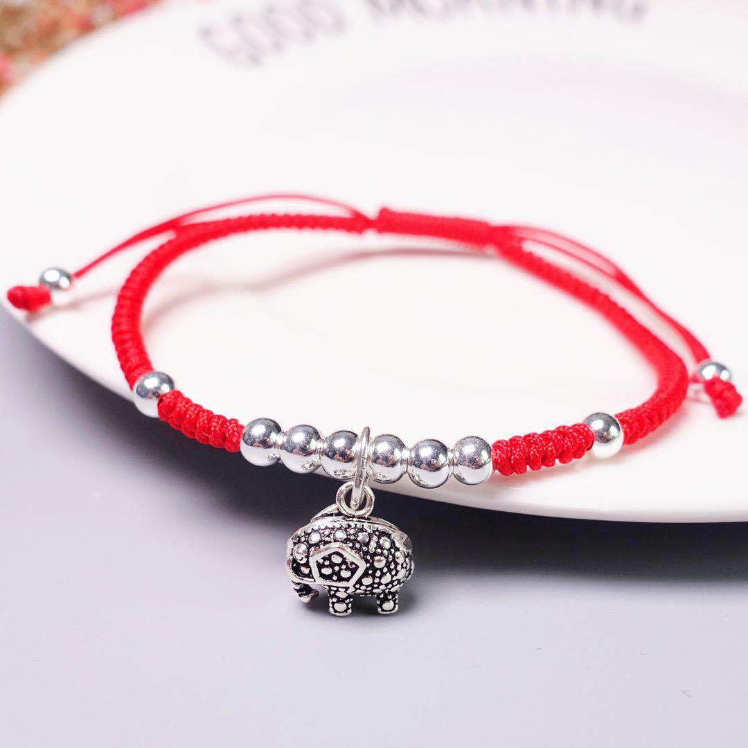 Sterling Silver  JOYFUL & LOYAL  ELEPHANT &  Red Rope  Bracelet