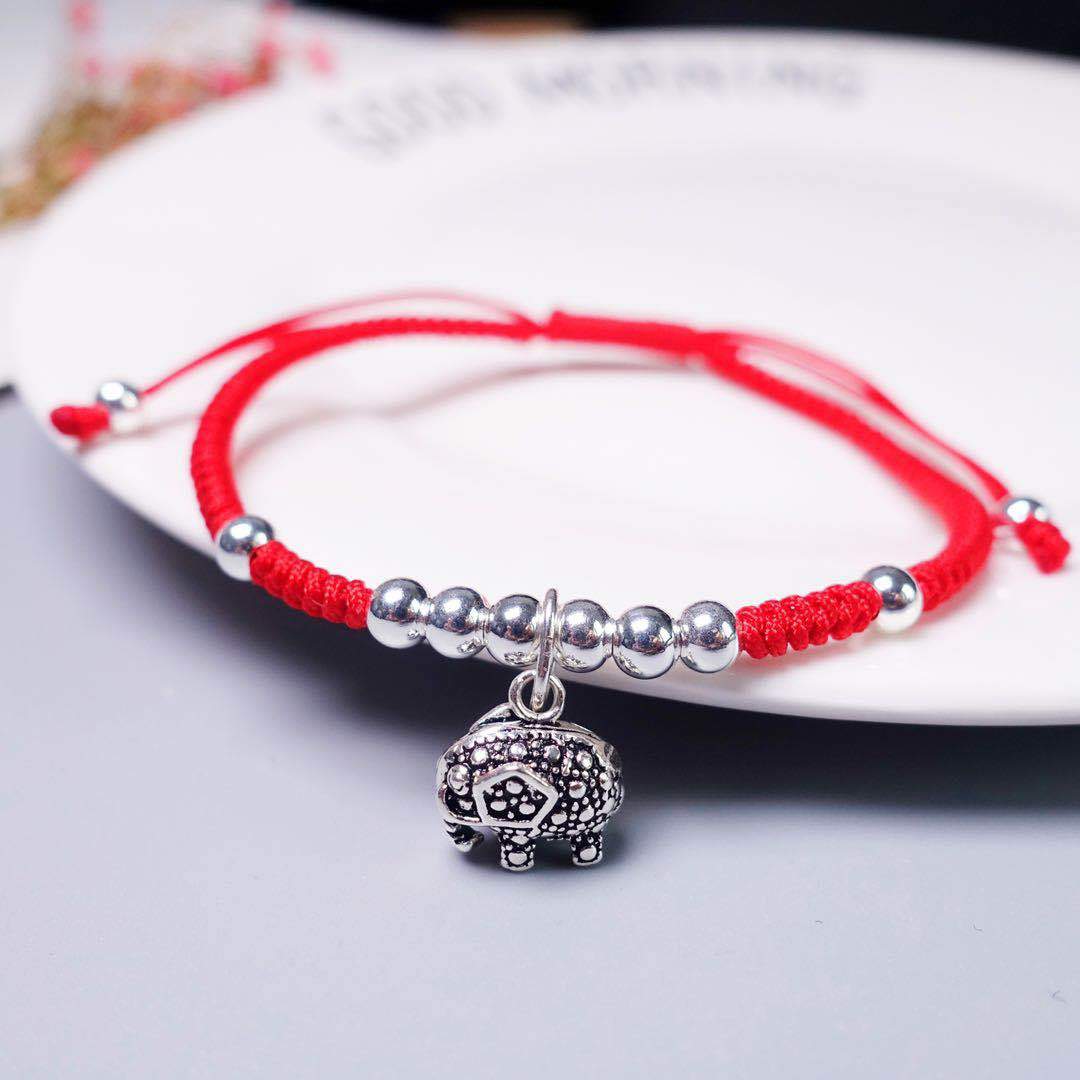 Sterling Silver  JOYFUL & LOYAL  ELEPHANT &  Red Rope  Bracelet