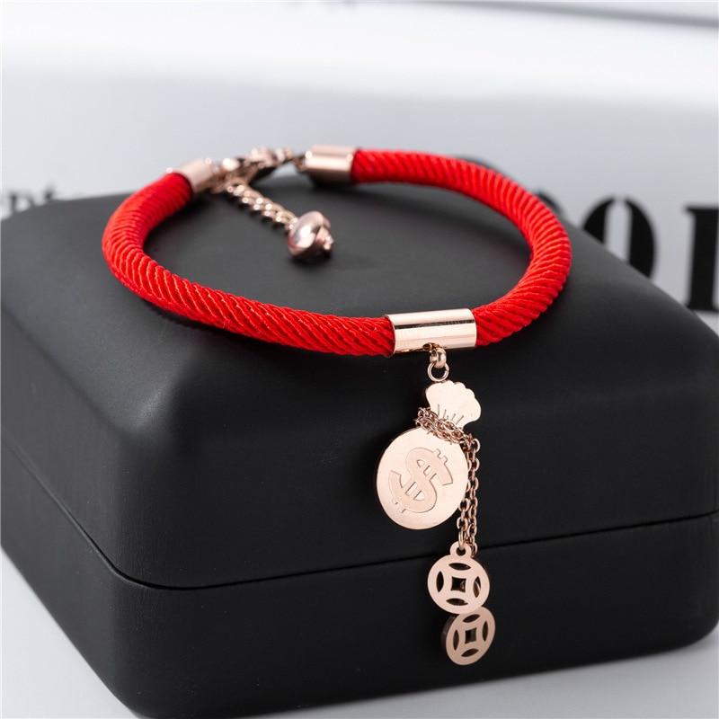 18k Plated Rose Gold Titanium Steel MONEY GOURD Red Rope Bracelet- No Fading!