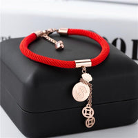 Thumbnail for 18k Plated Rose Gold Titanium Steel MONEY GOURD Red Rope Bracelet- No Fading!