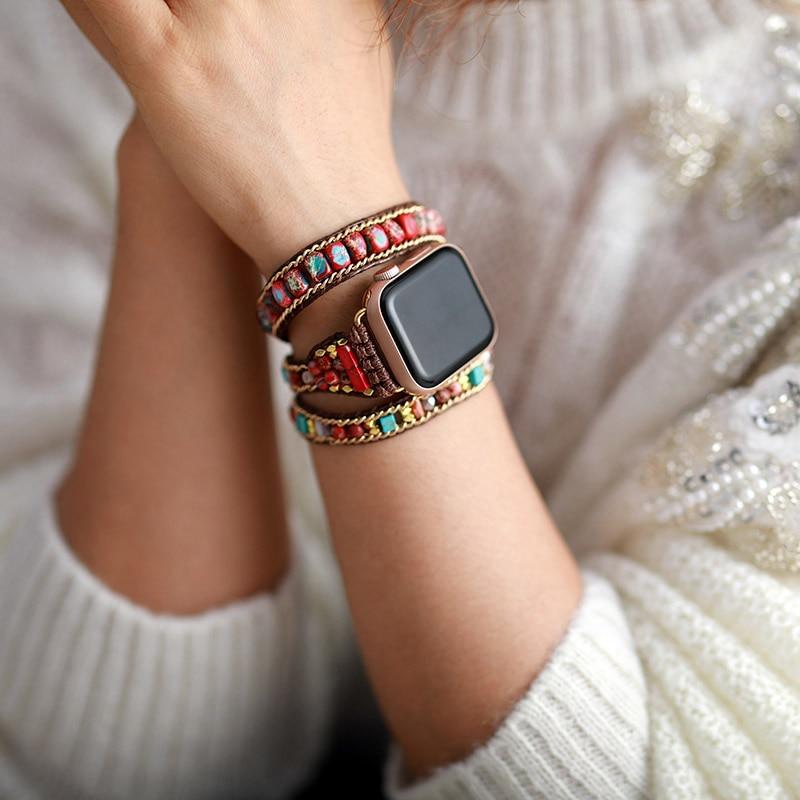 Natural Red Emperor Stone & Turquoise 3 Layer Apple Watch Band