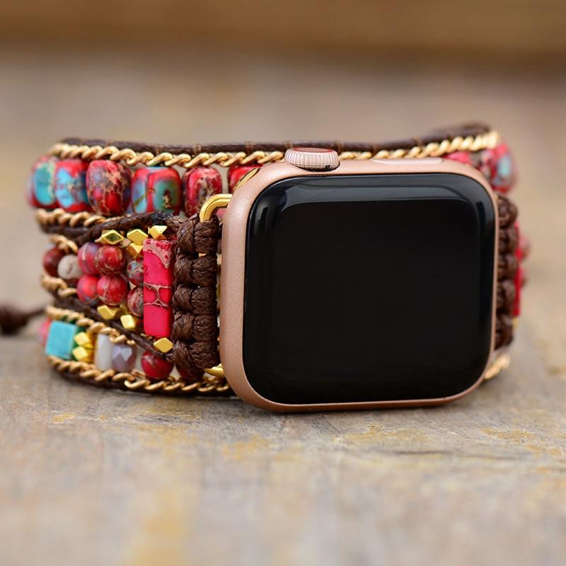 Natural Red Emperor Stone & Turquoise 3 Layer Apple Watch Band