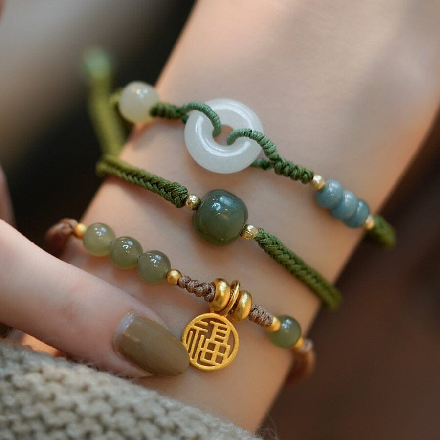 Lucky Jade with Woven 'No Adversity' Rope Bracelet