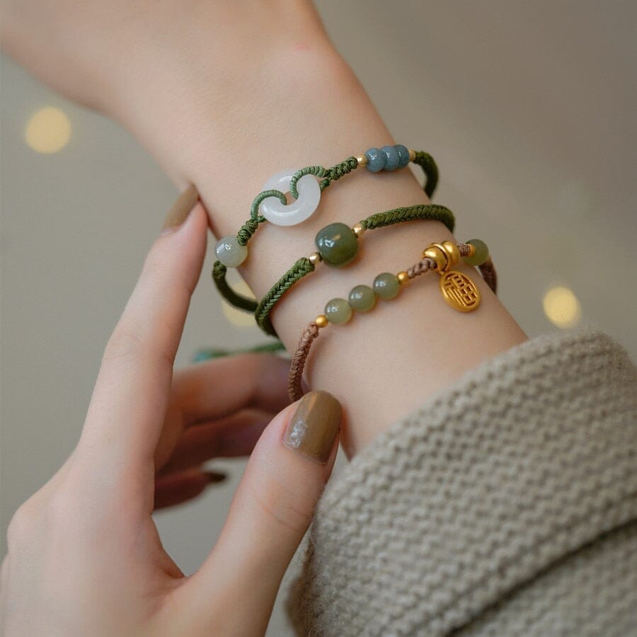 Lucky Jade with Woven 'No Adversity' Rope Bracelet