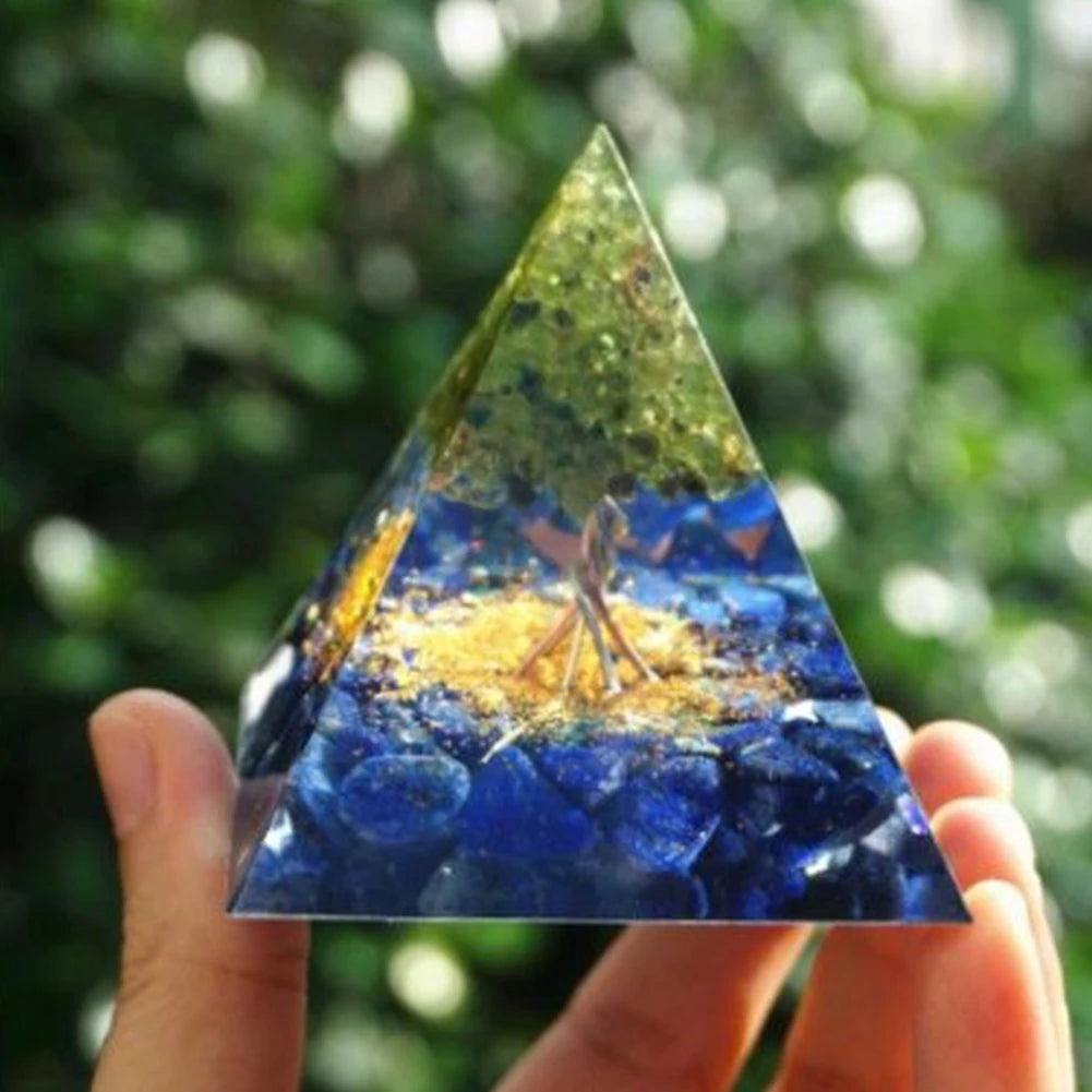 #28-Handmade Kyanite & Peridot TREE of LIFE ' ULTIMATE ALIGNMENT' ORGONITE Pyramid