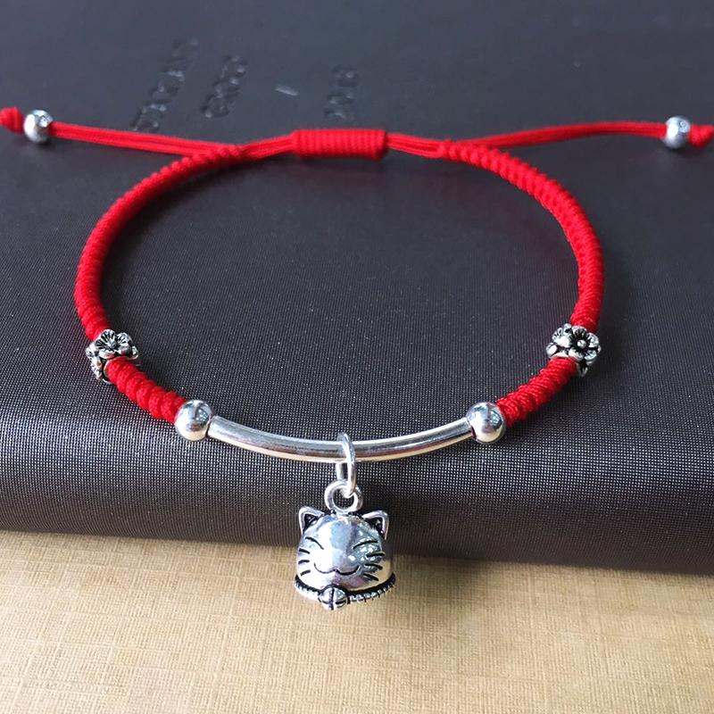 925 Sterling Silver & Red Rope LUCKY FORTUNE Cat Bracelet