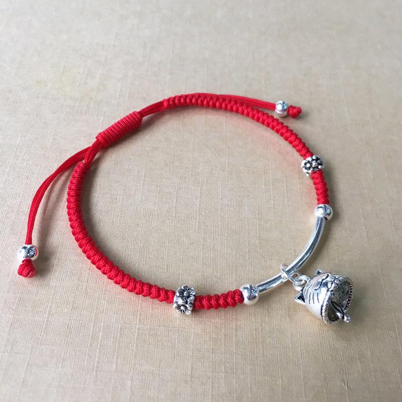 925 Sterling Silver & Red Rope LUCKY FORTUNE Cat Bracelet