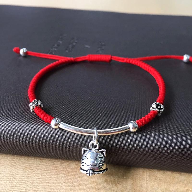 925 Sterling Silver & Red Rope LUCKY FORTUNE Cat Bracelet