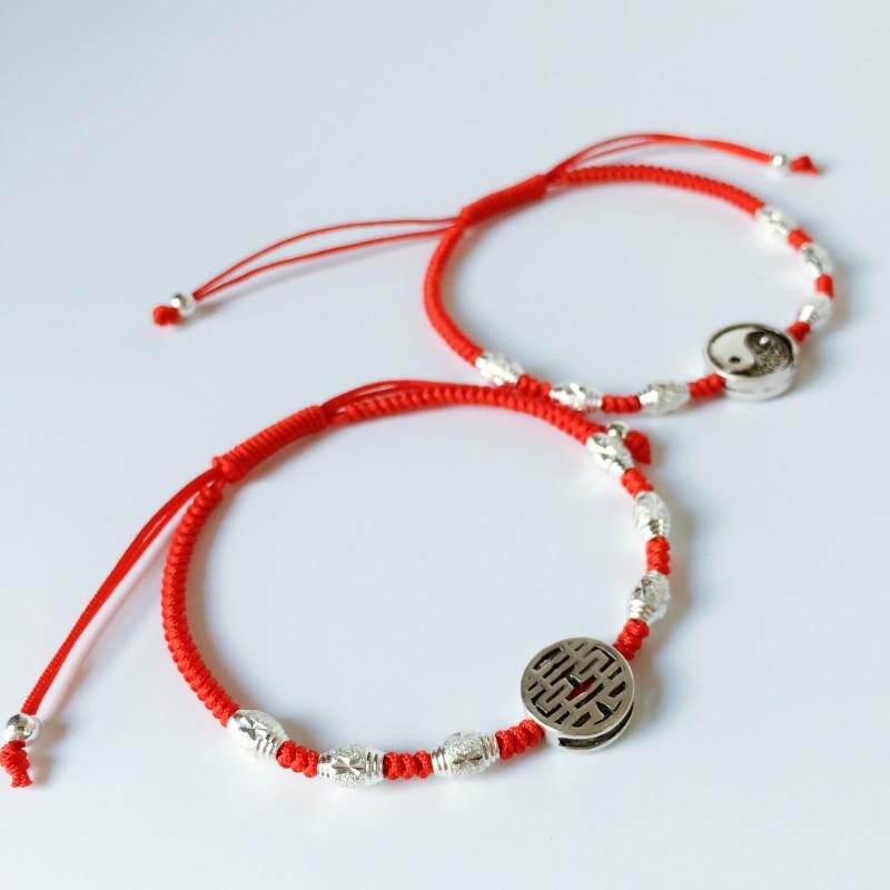 Sterling Silver Lucky Red Rope DOUBLE HAPPINESS Charm Bracelet