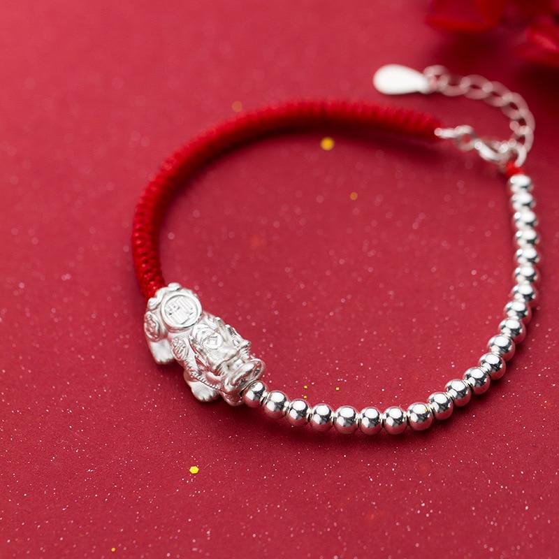 PURE Silver WEALTH ATTRACTING PIXIU & Red Rope Bracelet