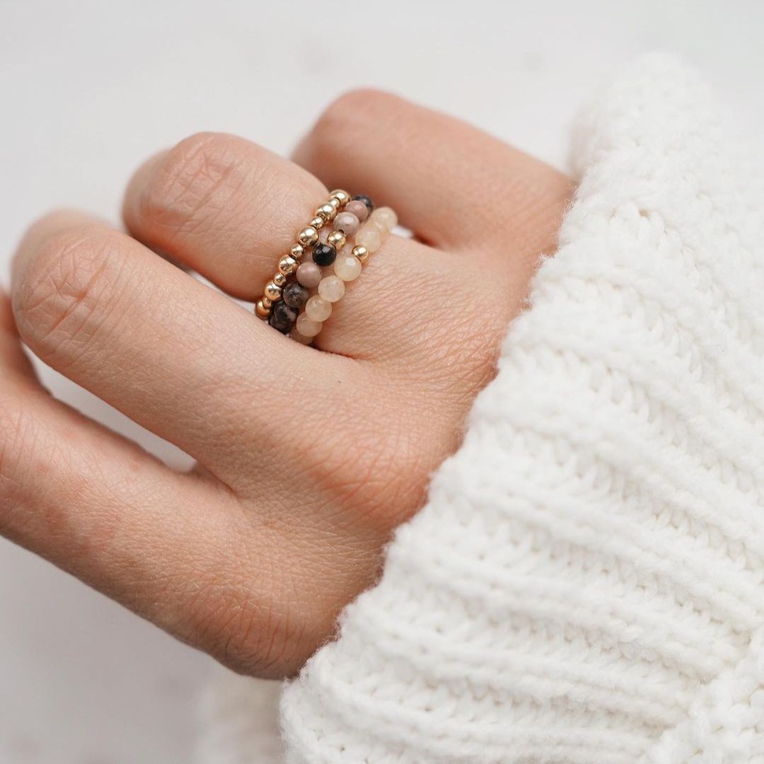 Rose Quartz & Rhodonite with Stainless Steel Beads 'YOUTH' Ring Set