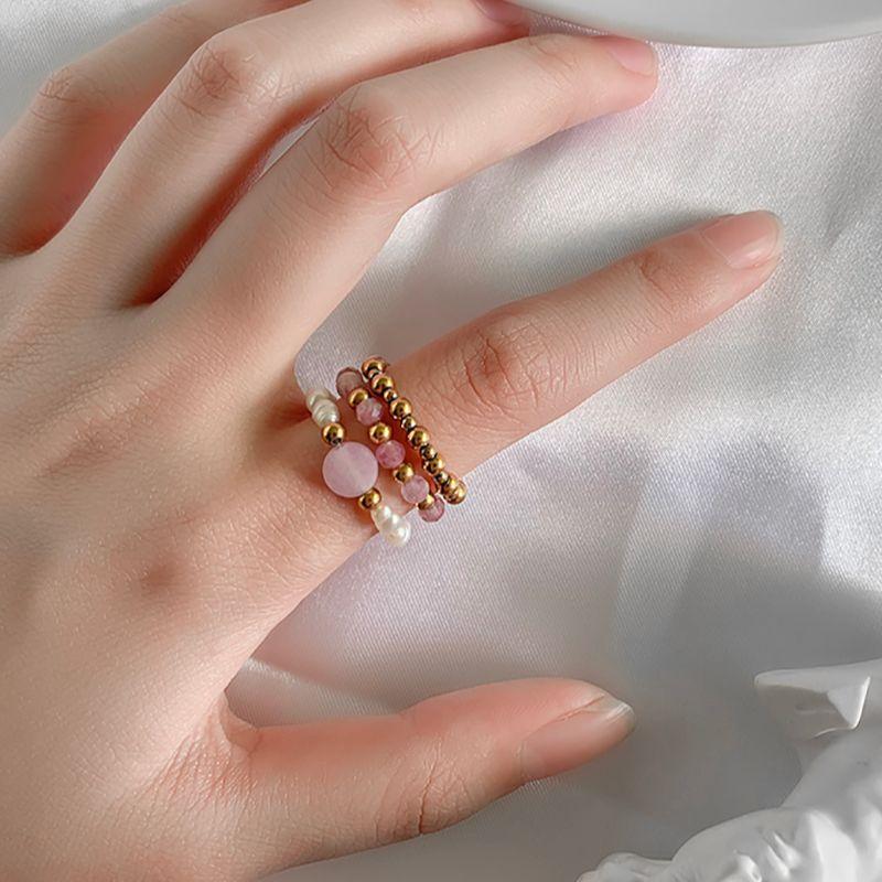 Rose Quartz & Strawberry Quartz with Freshwater Pearls 'TRANQUILITY' Ring Set