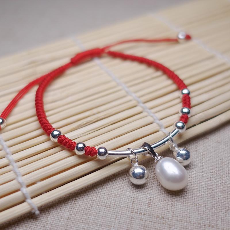 Water Drop PEARL & BELLS Sterling Silver Red Rope DIGNITY Bracelet