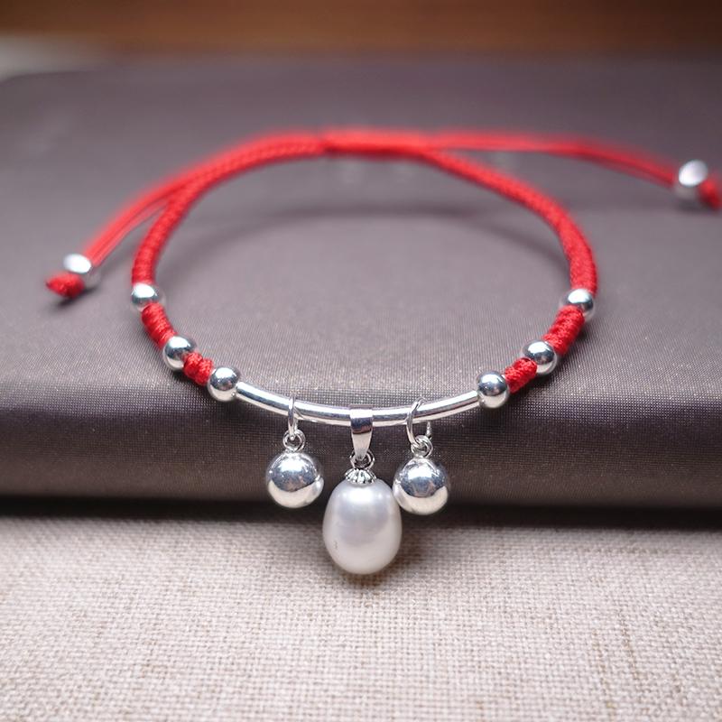 Water Drop PEARL & BELLS Sterling Silver Red Rope DIGNITY Bracelet