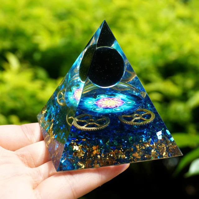 #104-Handmade Buddha & Blue Quartz Crystal Sphere ' SELF-DISCIPLINE' ORGONITE Pyramid