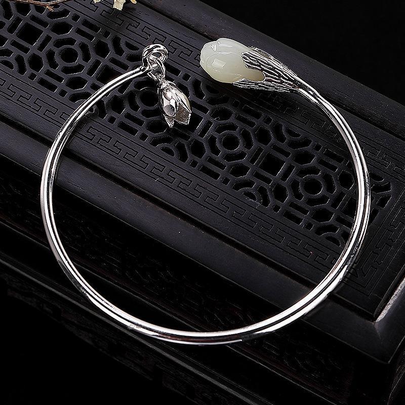 THAI SILVER Hetian Jade Orchid Blossom 'FERTILITY' Bangle