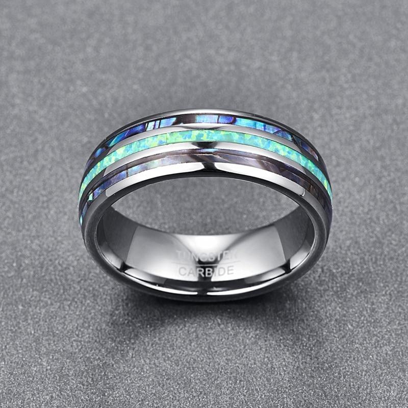 Luxury Silver Tungsten Carbide Ring with Blue Fire Opal & Abalone Shell Inlay-Sizes 5-15