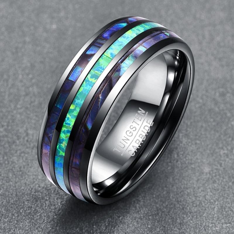 Luxury Silver Tungsten Carbide Ring with Blue Fire Opal & Abalone Shell Inlay-Sizes 5-15