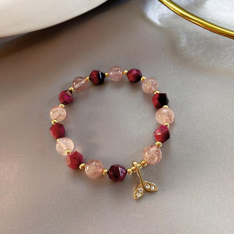 Boho Strawberry Quartz & Red Tiger Eye Mermaid Tail 'Siren' Bracelet