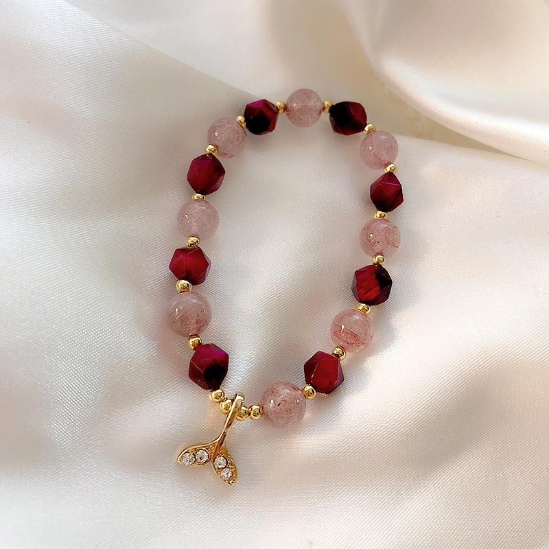 Boho Strawberry Quartz & Red Tiger Eye Mermaid Tail 'Siren' Bracelet