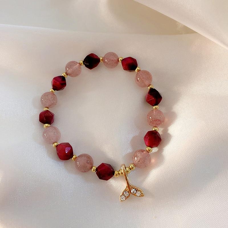 Boho Strawberry Quartz & Red Tiger Eye Mermaid Tail 'Siren' Bracelet