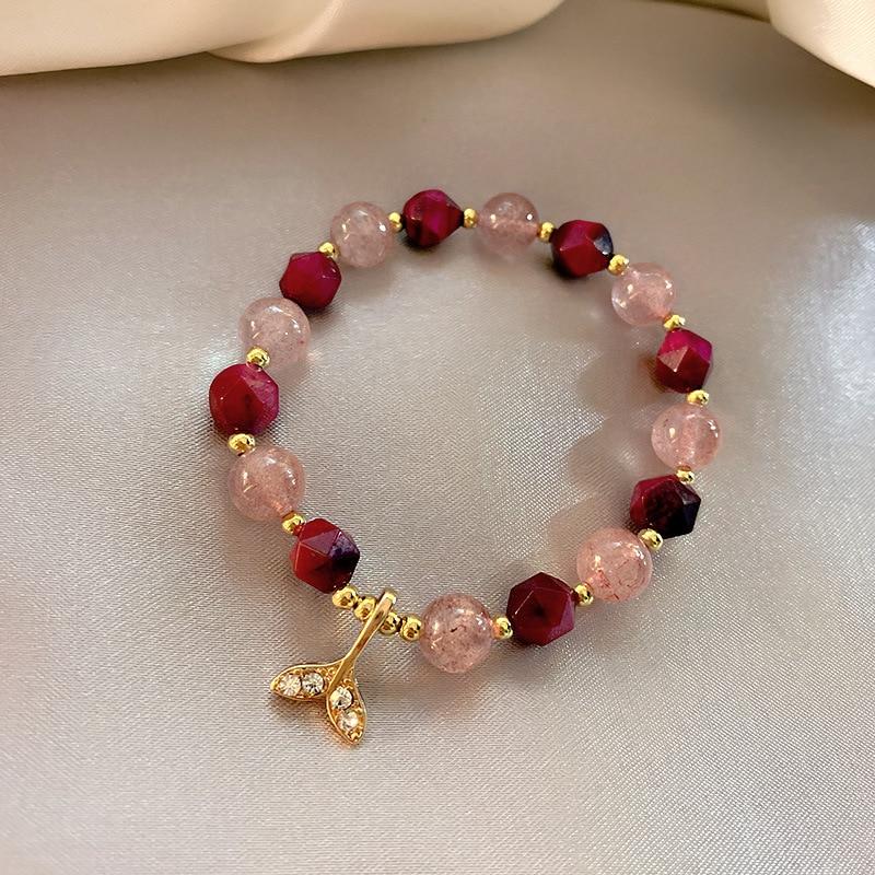 Boho Strawberry Quartz & Red Tiger Eye Mermaid Tail 'Siren' Bracelet