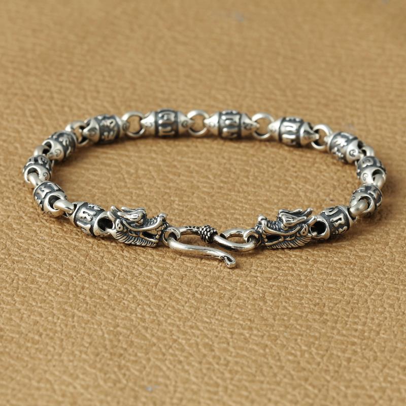 Thai Silver Men's Double Headed Dragon & 6 Syllable Mantra Bracelet