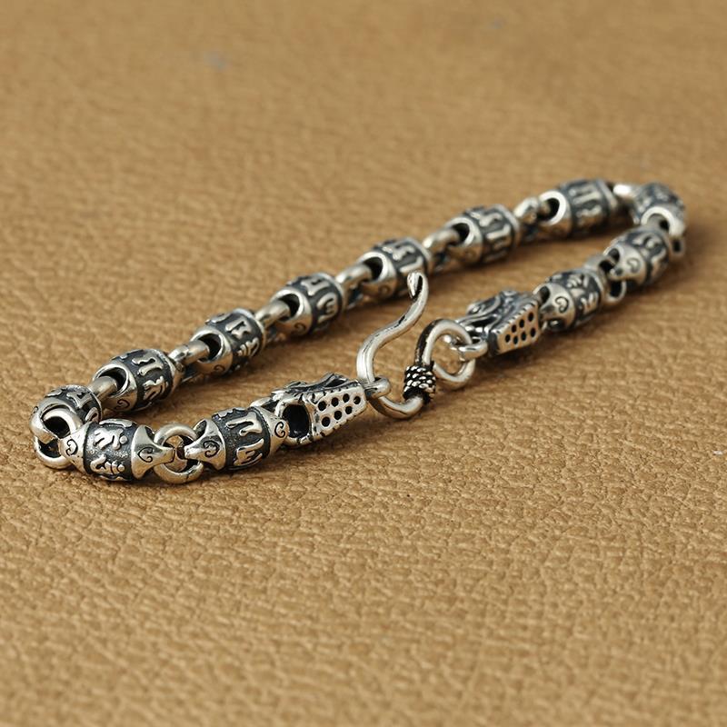 Thai Silver Men's Double Headed Dragon & 6 Syllable Mantra Bracelet