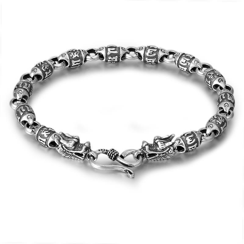 Thai Silver Men's Double Headed Dragon & 6 Syllable Mantra Bracelet