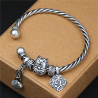 Thumbnail for Ethnic Thai Silver Adorable Maneki Neko 'Beckoning Cat' Twisted Bangle