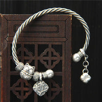 Thumbnail for Ethnic Thai Silver Adorable Maneki Neko 'Beckoning Cat' Twisted Bangle