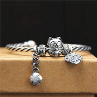 Thumbnail for Ethnic Thai Silver Adorable Maneki Neko 'Beckoning Cat' Twisted Bangle