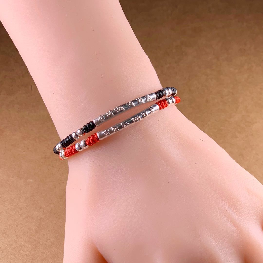 Tibetan Buddhist Pure Silver 6 syllable OM  MANTRA  Red Rope Bracelet