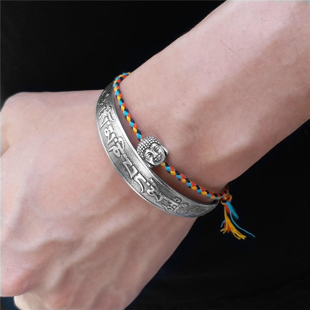 2 pc Tibetan Buddhist Braided Cotton Lucky Knot Rope Bracelet & OM MANTRA Bangle Set