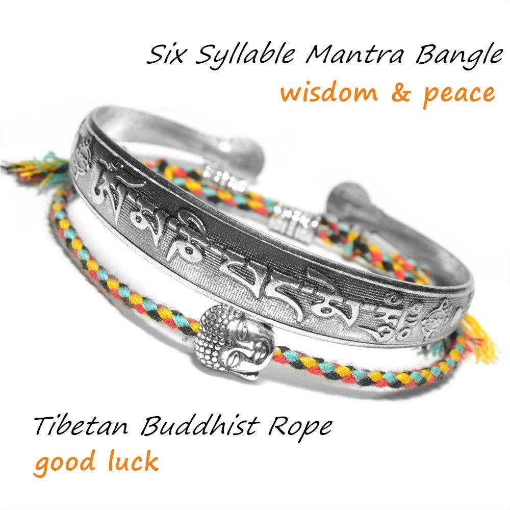 2 pc Tibetan Buddhist Braided Cotton Lucky Knot Rope Bracelet & OM MANTRA Bangle Set