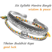 Thumbnail for 2 pc Tibetan Buddhist Braided Cotton Lucky Knot Rope Bracelet & OM MANTRA Bangle Set