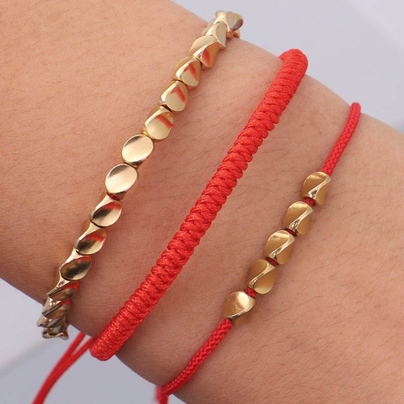 Tibetan Handmade Lucky Knot 'BE SUCCESSFUL' Copper & Red Rope 3 /pc Bracelet Set