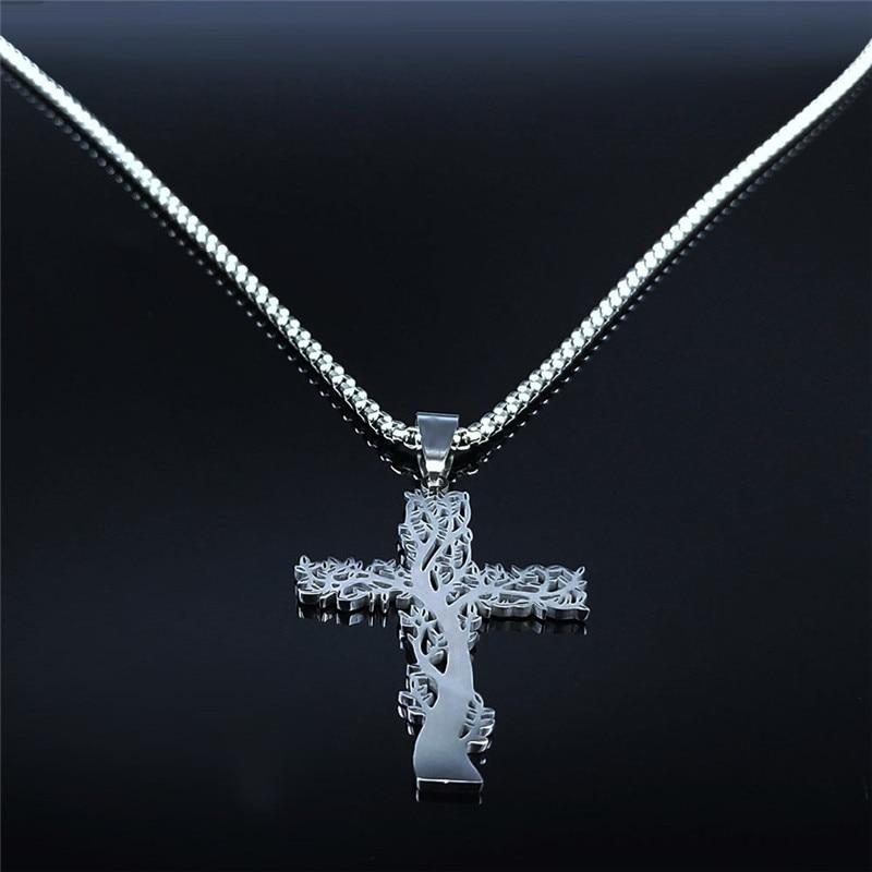 Stainless Steel Tree Of Life Cross Necklace