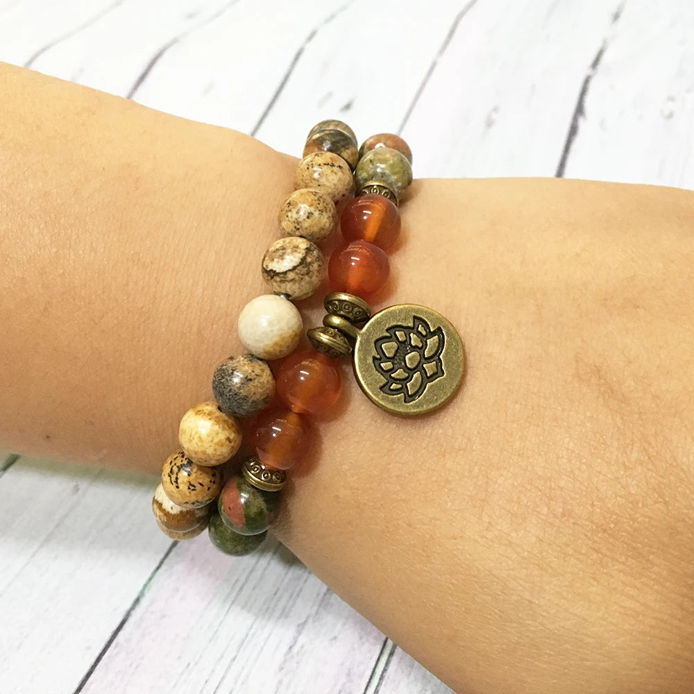 Unakite & Carnelian Mala Bracelet