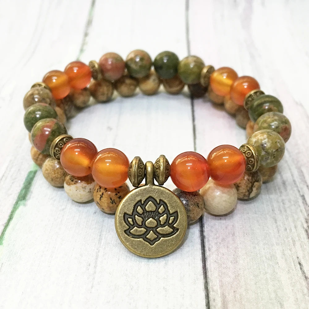 Unakite & Carnelian Mala Bracelet