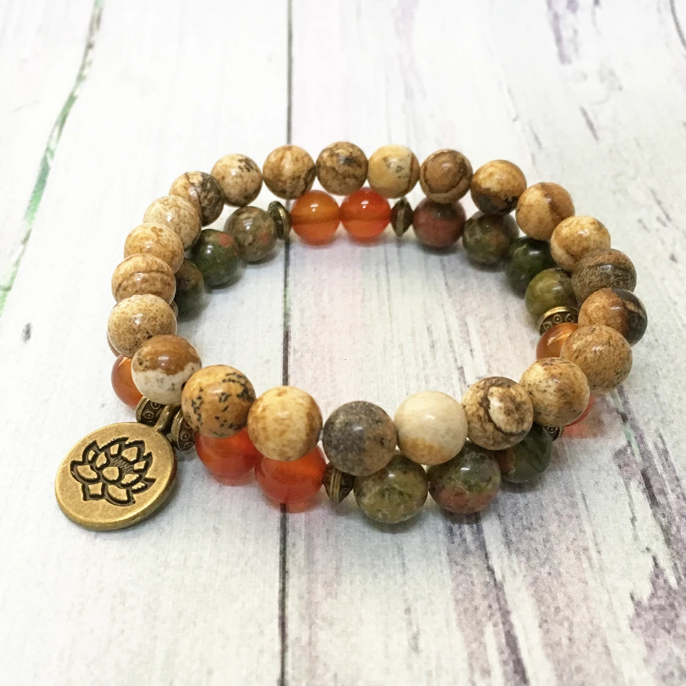 Unakite & Carnelian Mala Bracelet