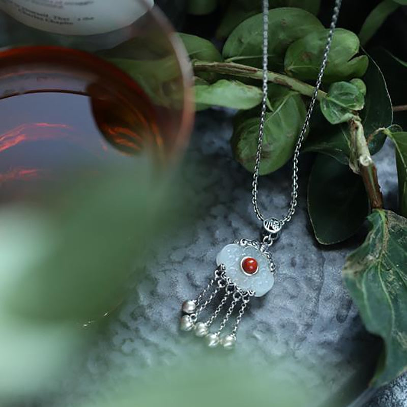 THAI SILVER Red Tourmaline & Hetian Jade Tassel Necklace