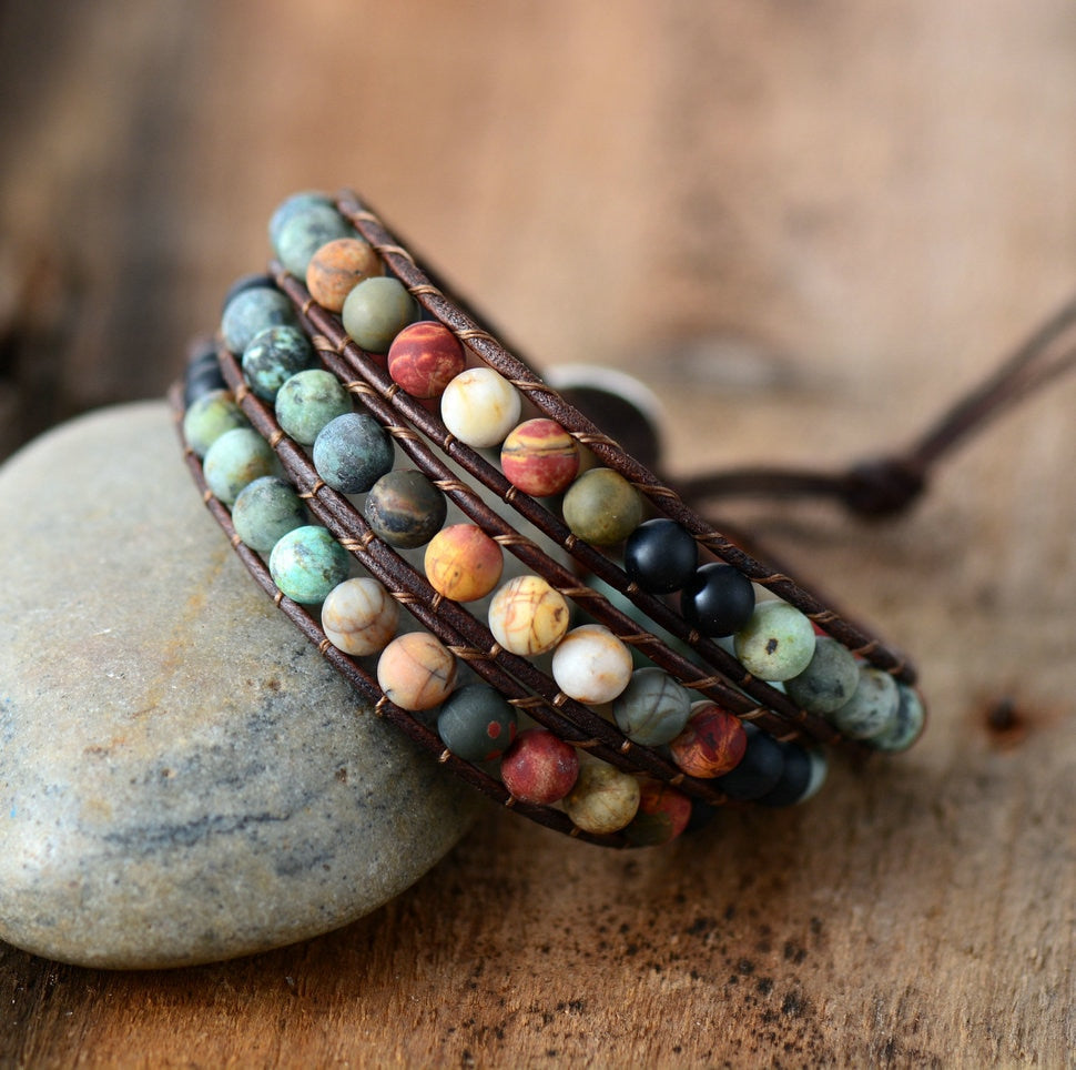 Multi layer Natural Matte Jasper Stone & Leather Wrap HEALING Bracelet  IN STOCK USA