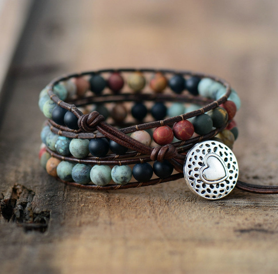 Multi layer Natural Matte Jasper Stone & Leather Wrap HEALING Bracelet  IN STOCK USA