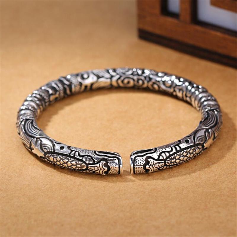 THAI SILVER FORTUNE & POWER Men's Double-Headed Dragon Bangle